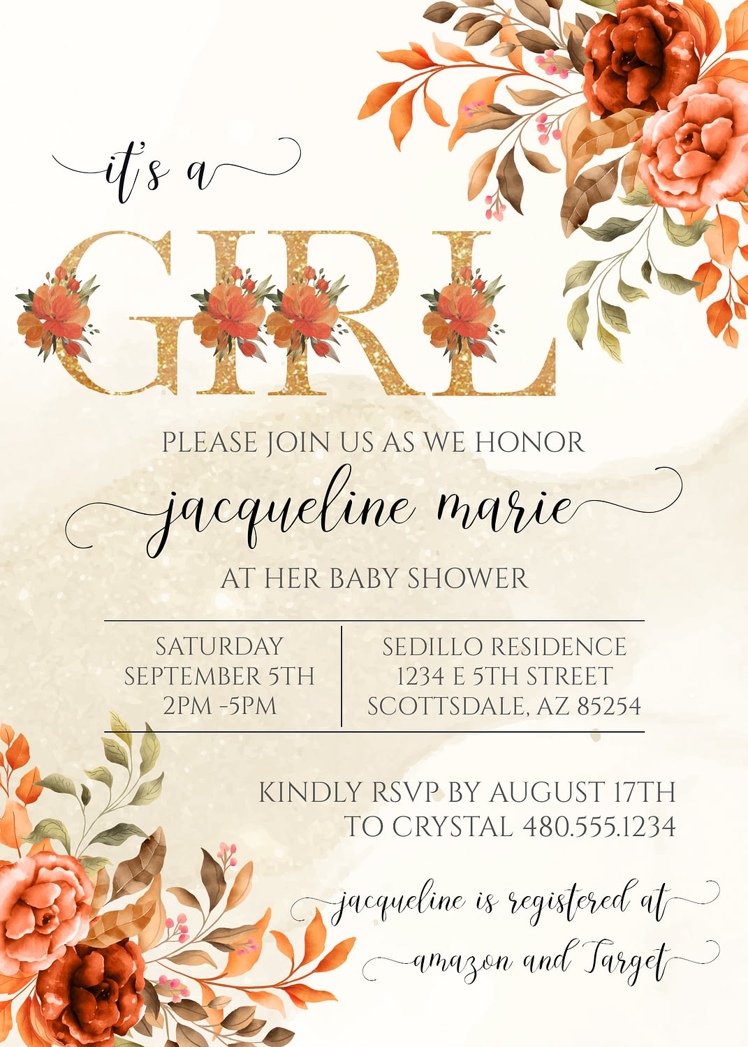 Fall Orange and Gold Baby Shower Invitation